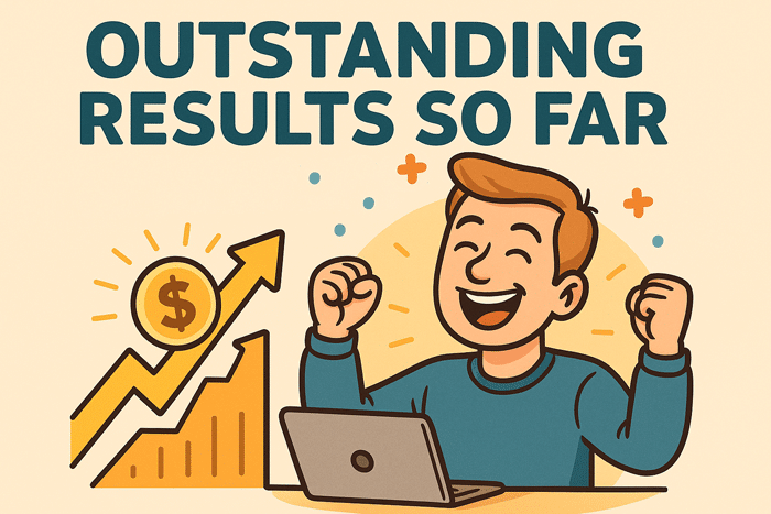 Very happy person at a laptop, fists raised in celebration - Thanks to D-LENS AI Investor Tools