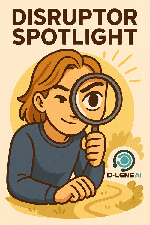 Cartoon person looking through a magnifying glass with one eye enlarged under the heading “Disruptor Spotlight,” representing a deep-dive AI stock report in D-LENSAI.