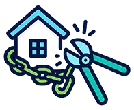 D-LENSAI Bolt cutters snapping a chain around a you and your house—break free early from your mortgage and keep more of your money.